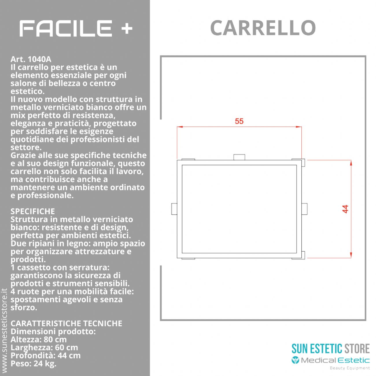Facile + carrello a tre ripiani in vetro + 1 cassetto cabina estetica studio medico
