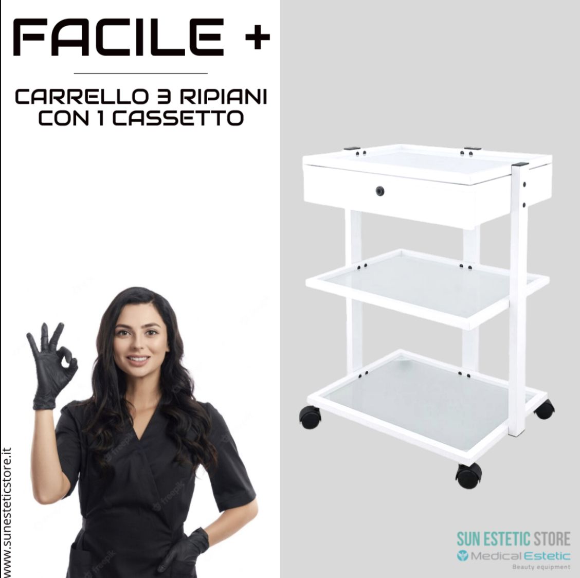 Facile + carrello a tre ripiani in vetro + 1 cassetto cabina estetica studio medico