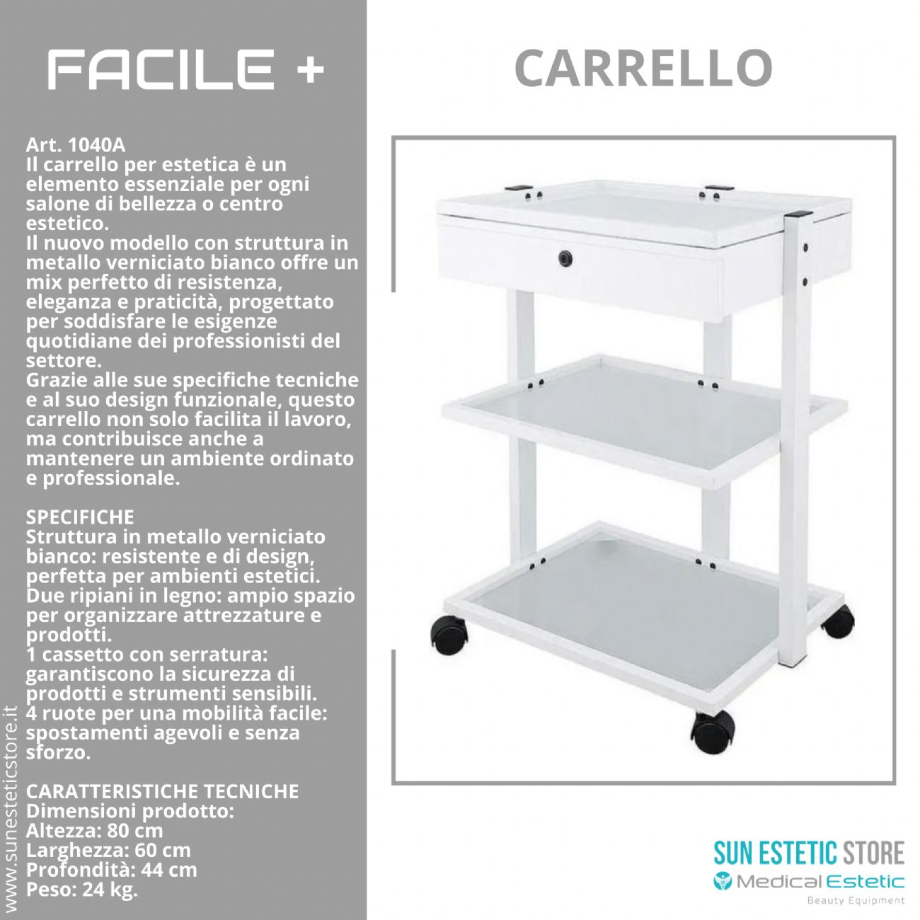 Facile + carrello a tre ripiani in vetro + 1 cassetto cabina estetica studio medico