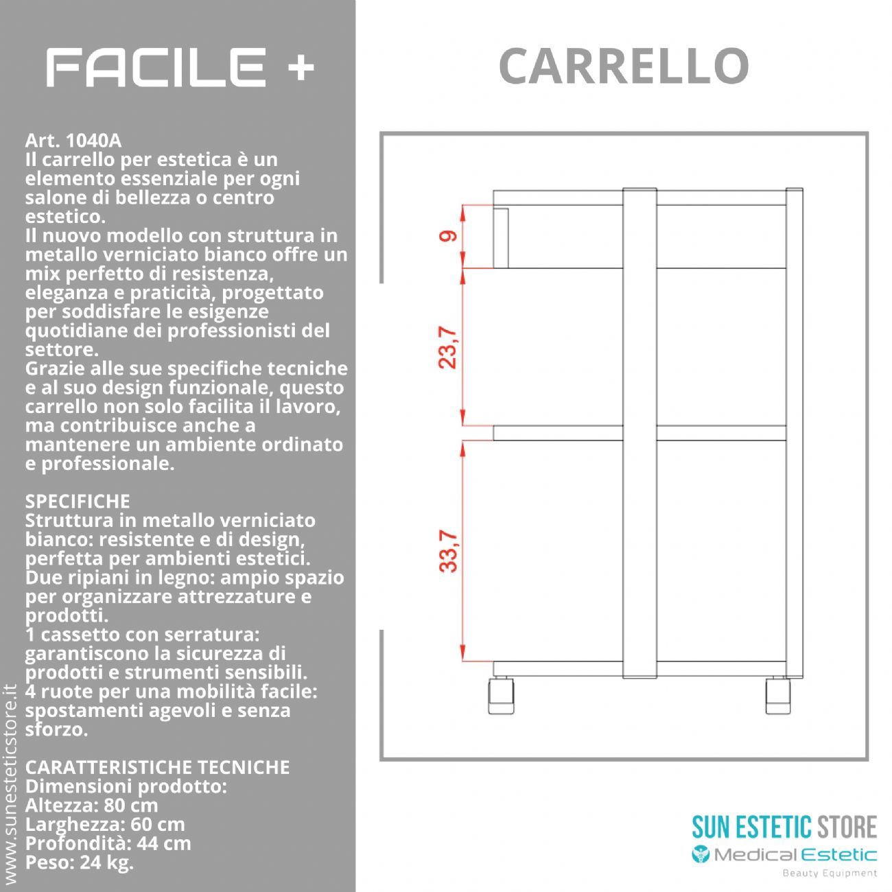 Facile + carrello a tre ripiani in vetro + 1 cassetto cabina estetica studio medico