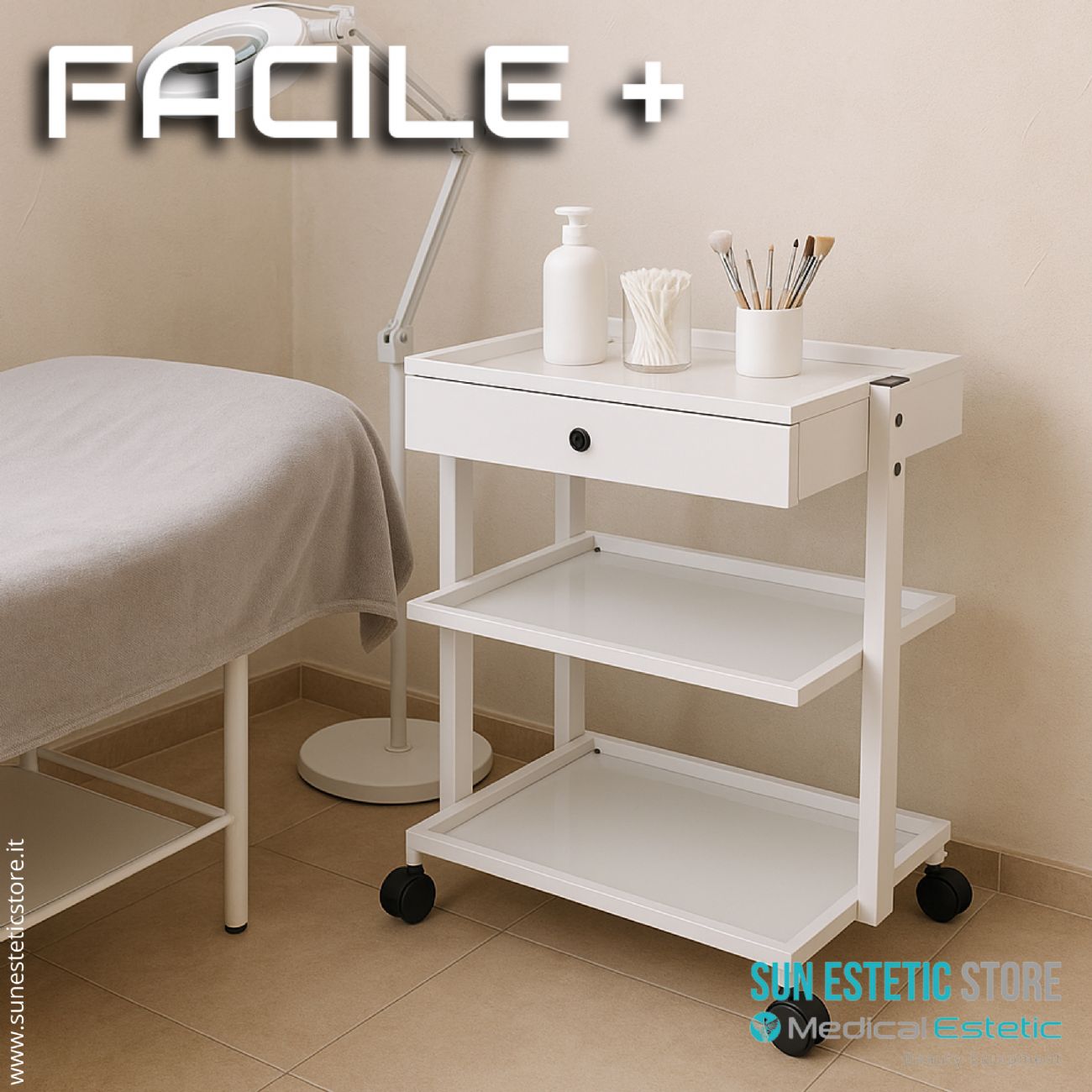 Facile + carrello a tre ripiani in vetro + 1 cassetto cabina estetica studio medico
