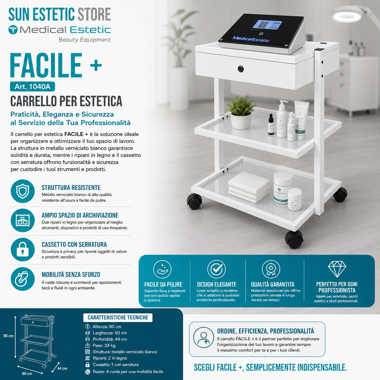Facile + carrello a tre ripiani in vetro + 1 cassetto cabina estetica studio medico