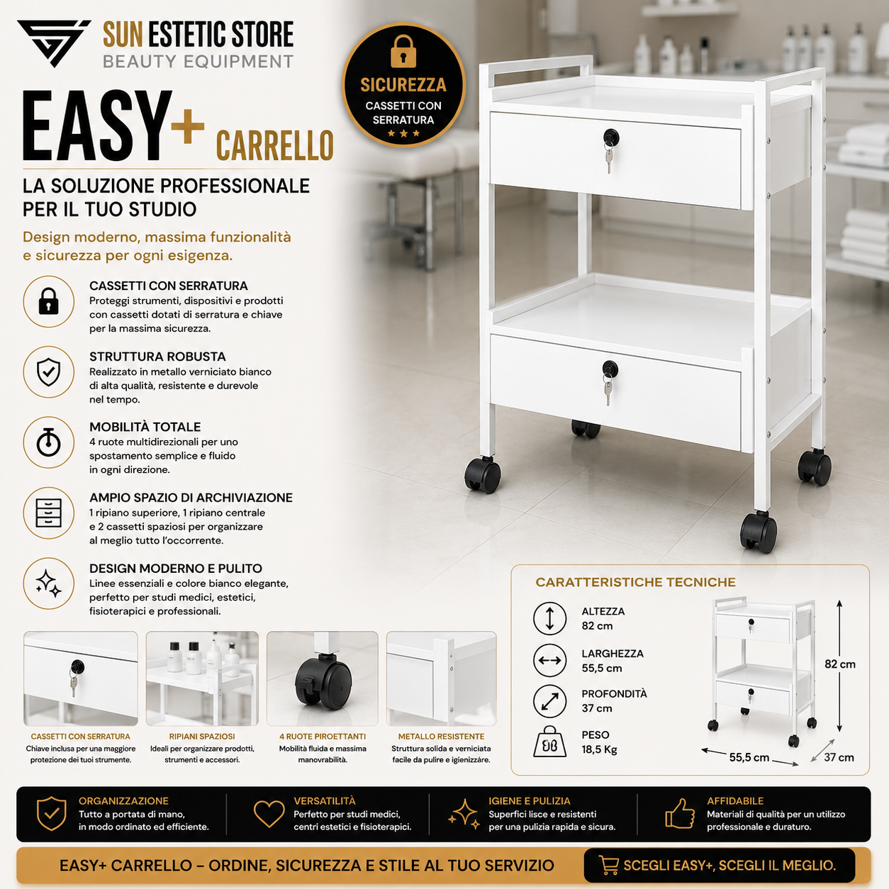 Easy + carrello in metallo bianco cassetti con serratura per estetica studio medico