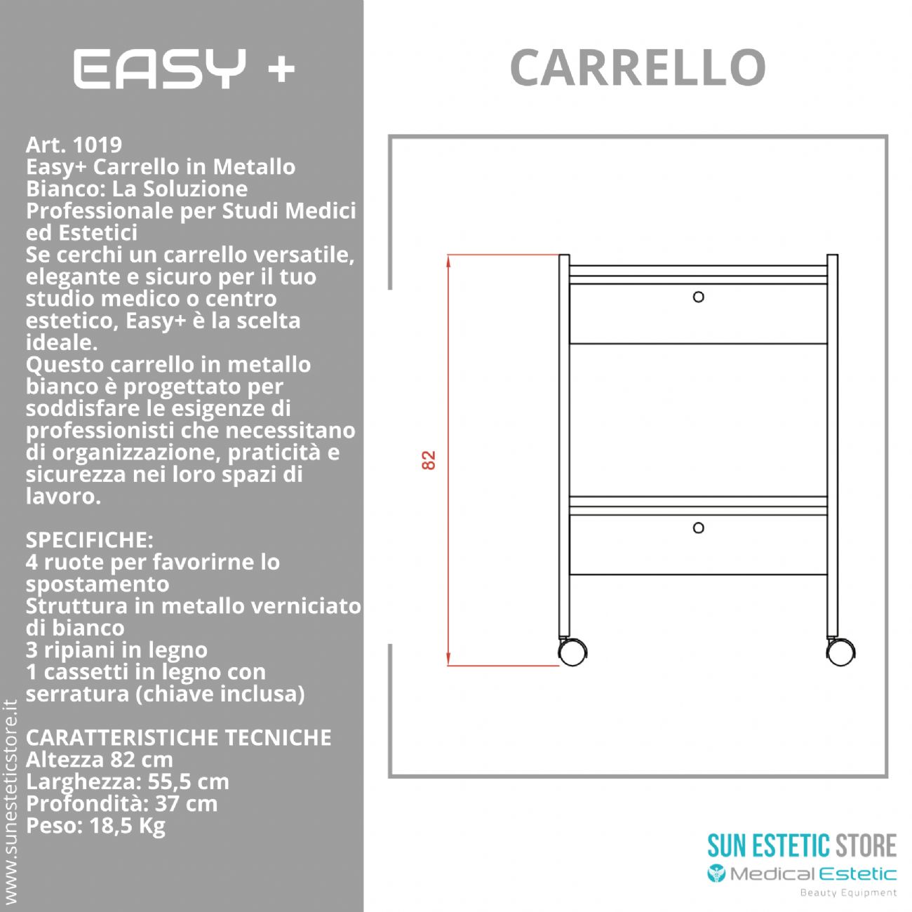 Easy + carrello in metallo bianco cassetti con serratura per estetica studio medico