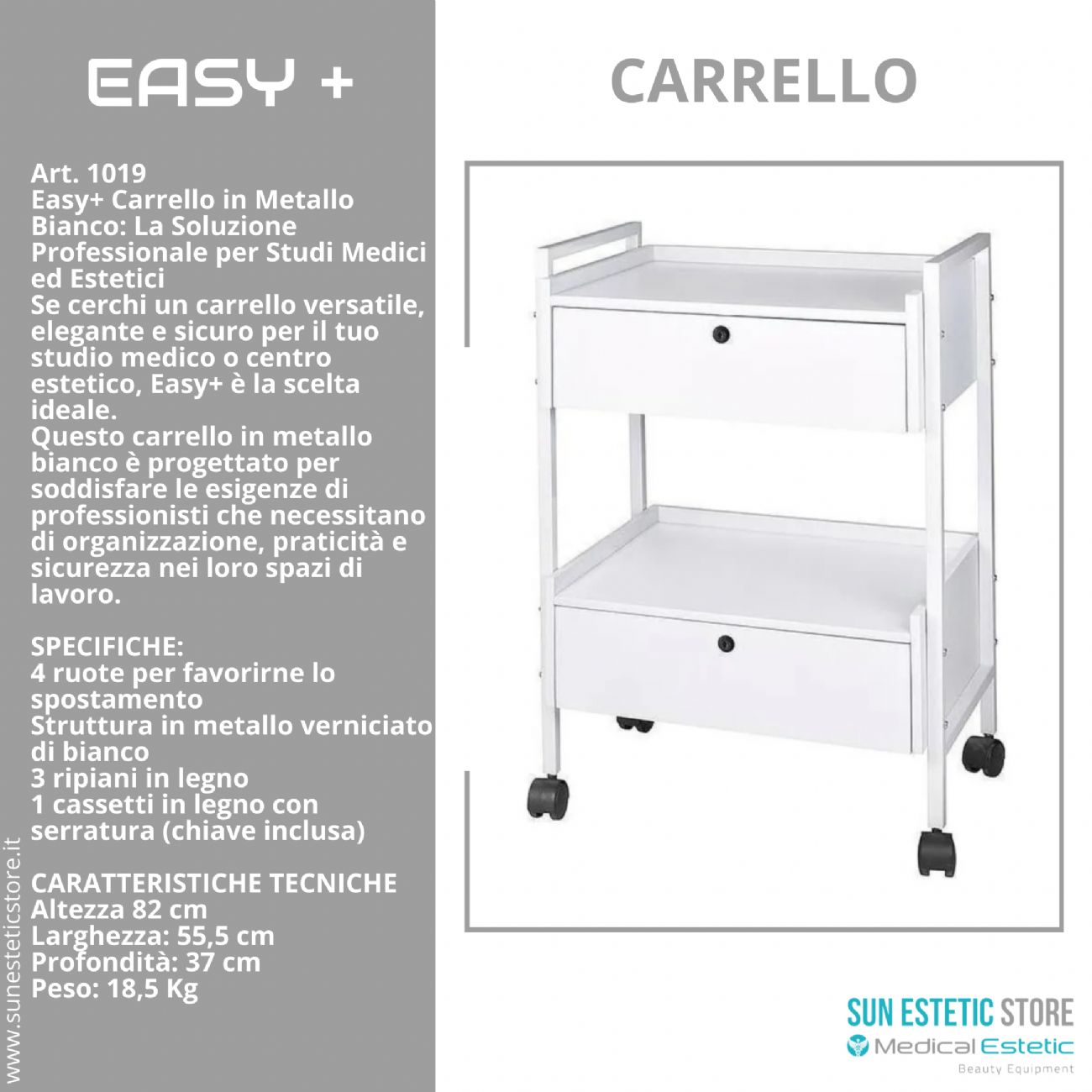 Easy + carrello in metallo bianco cassetti con serratura per estetica studio medico