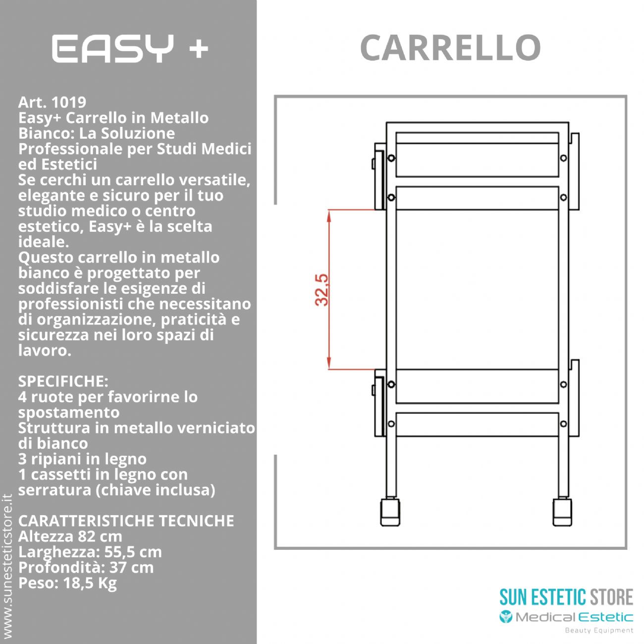Easy + carrello in metallo bianco cassetti con serratura per estetica studio medico