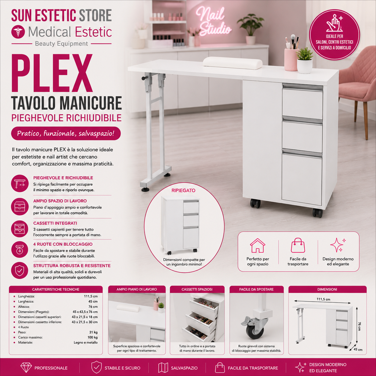 Plex tavolo manicure pieghevole richiudibile ricostruzione unghie nails