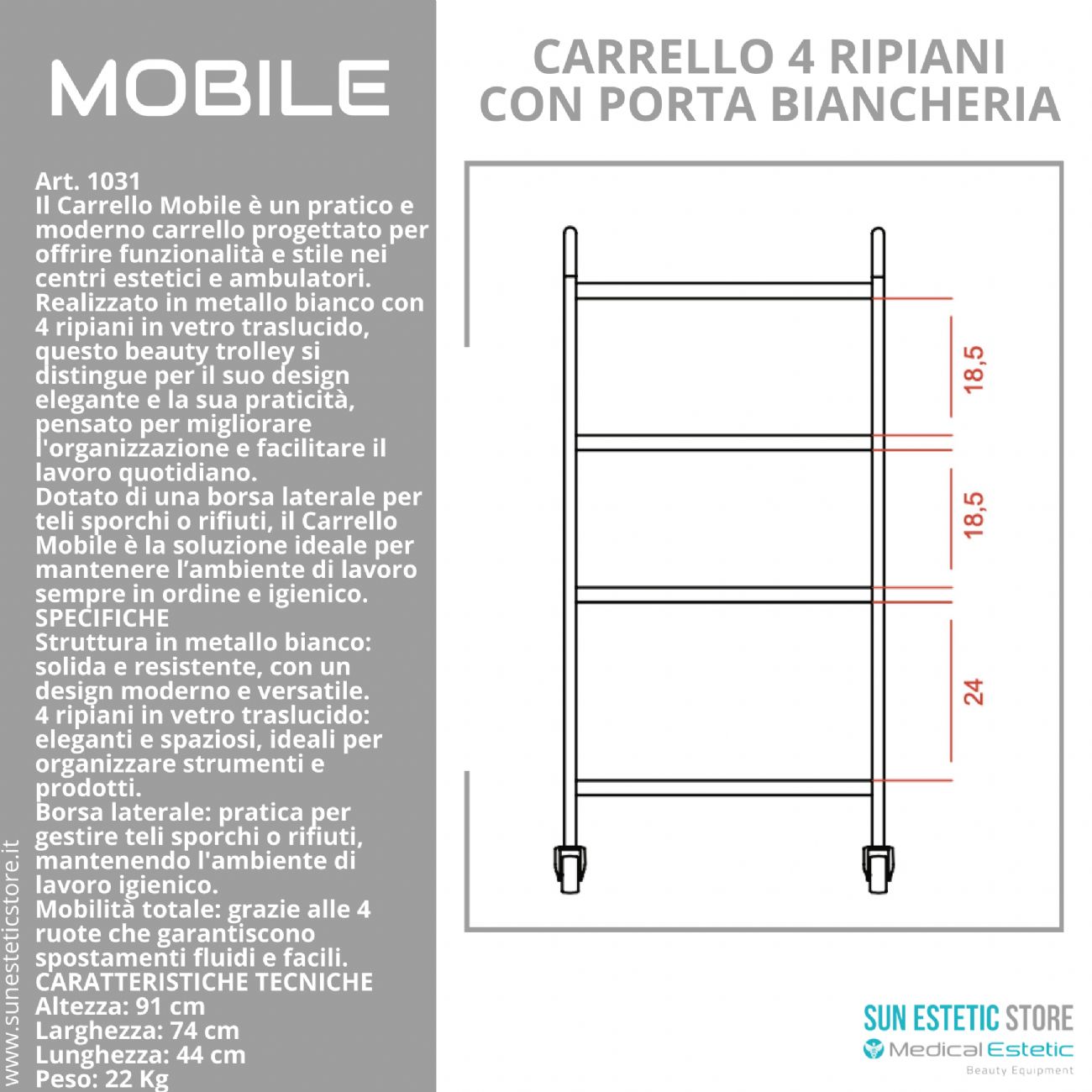 Carrello mobile 4 ripiani bianco laccato vetro temprato porta biancheria centro benessere