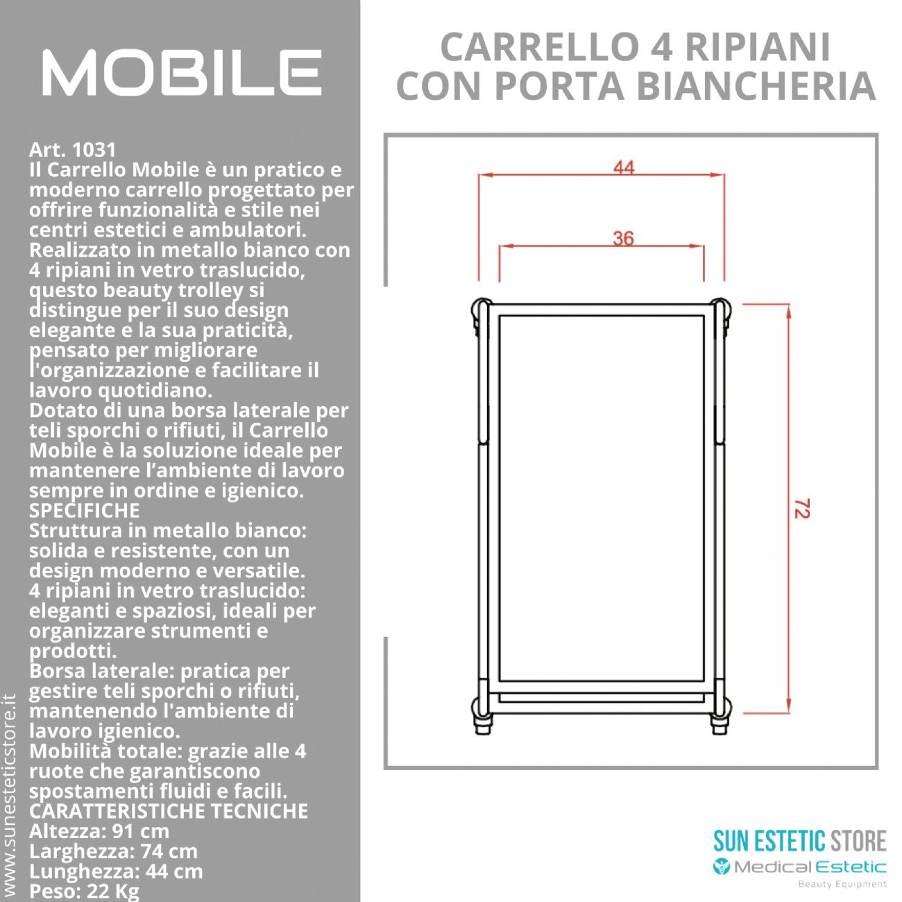 Carrello mobile 4 ripiani bianco laccato vetro temprato porta biancheria centro benessere
