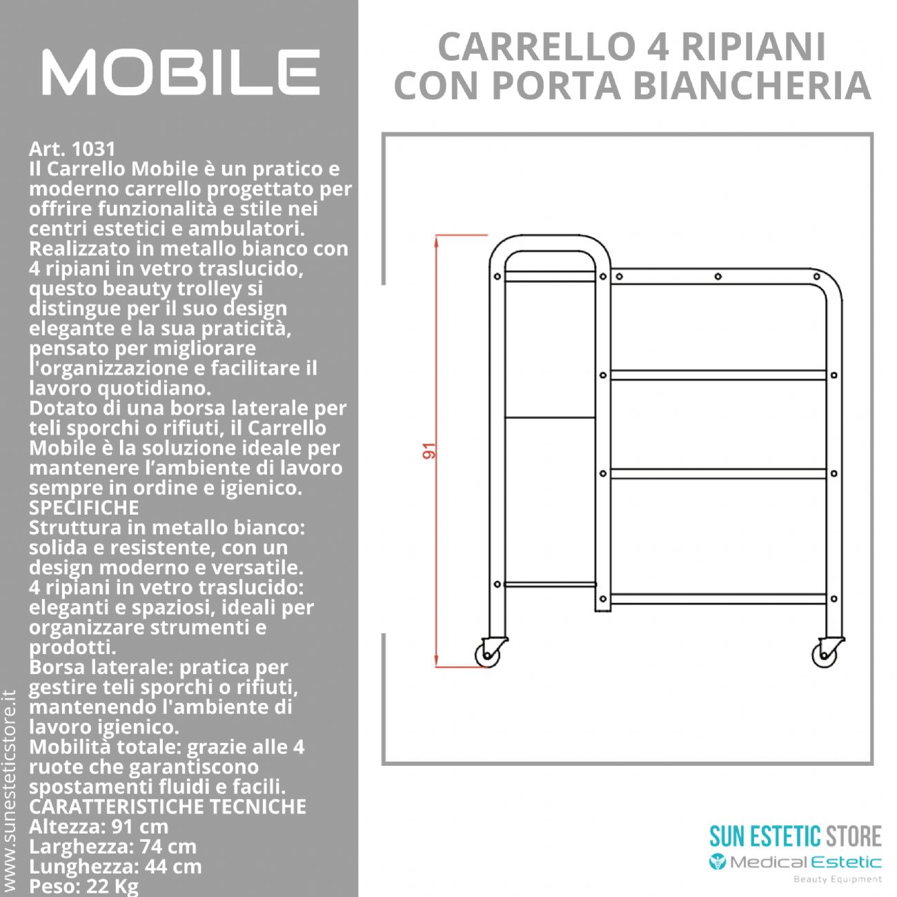 Carrello mobile 4 ripiani bianco laccato vetro temprato porta biancheria centro benessere