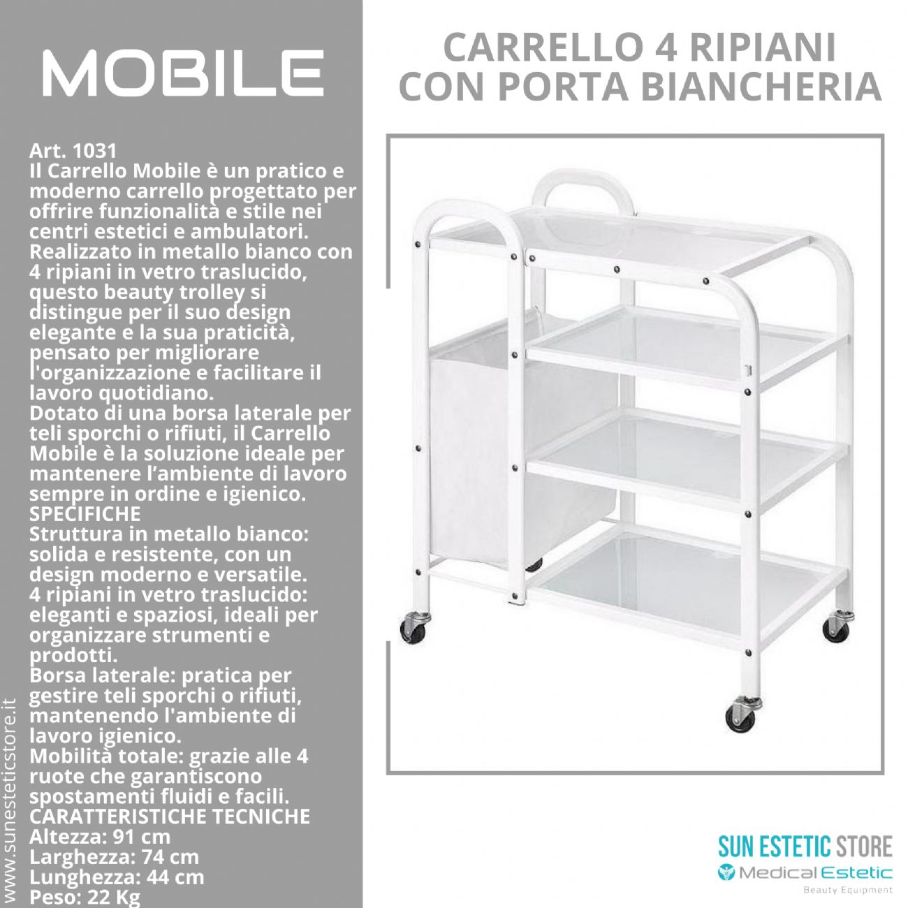 Carrello mobile 4 ripiani bianco laccato vetro temprato porta biancheria centro benessere