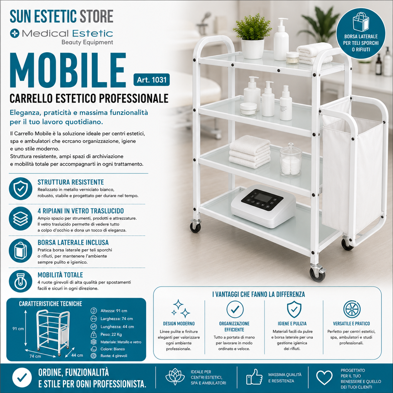 Carrello mobile 4 ripiani bianco laccato vetro temprato porta biancheria centro benessere