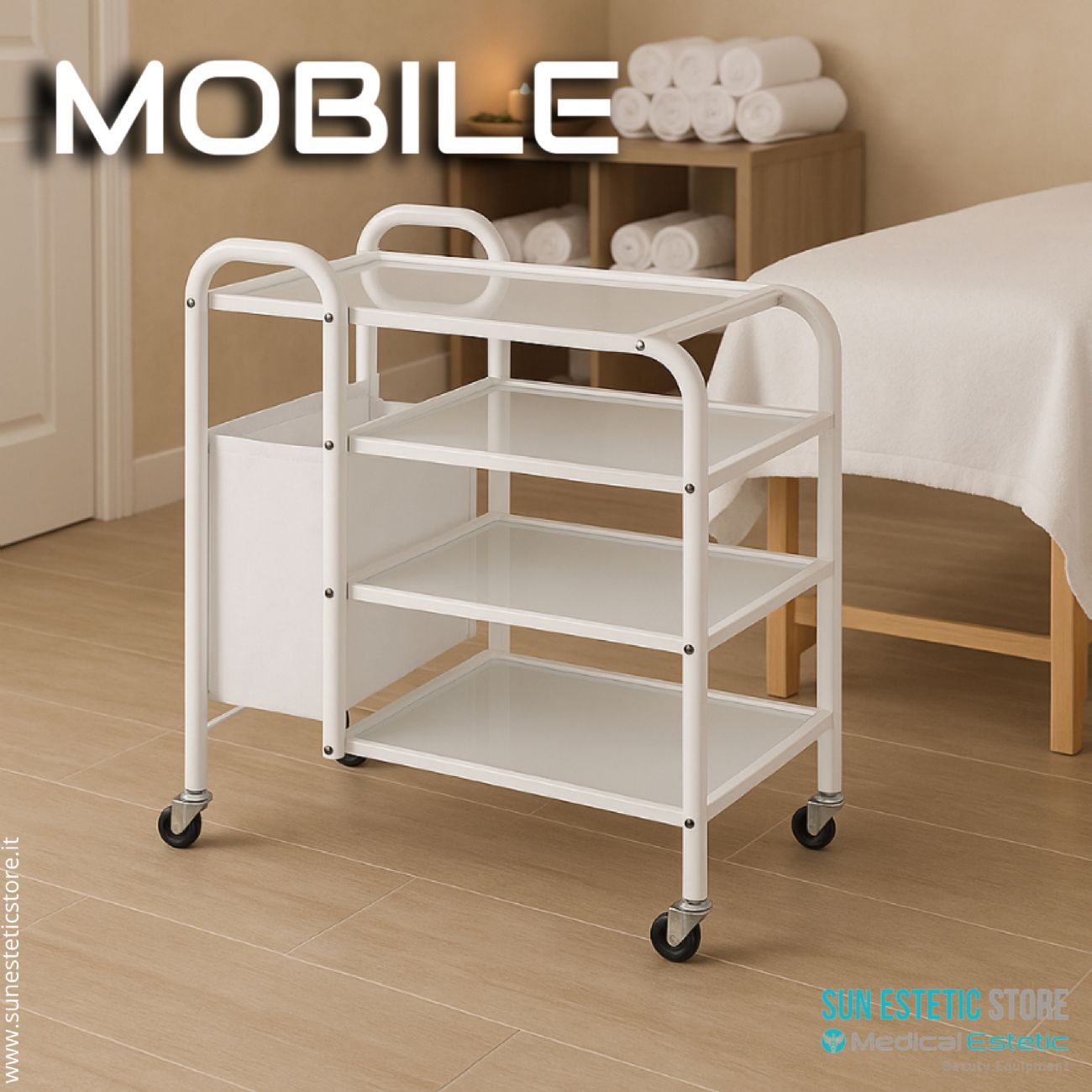 Carrello mobile 4 ripiani bianco laccato vetro temprato porta biancheria centro benessere