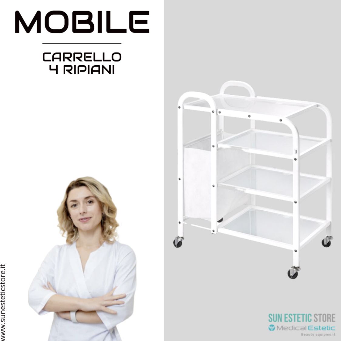 Carrello mobile 4 ripiani bianco laccato vetro temprato porta biancheria centro benessere
