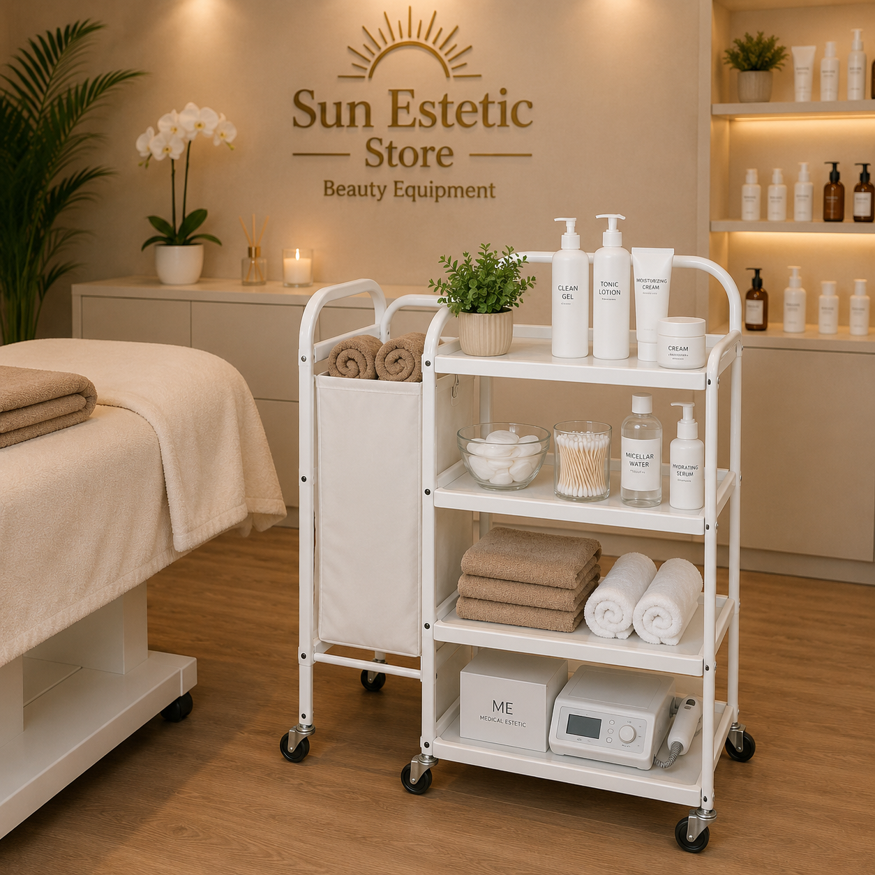 Carrello mobile 4 ripiani bianco laccato vetro temprato porta biancheria centro benessere