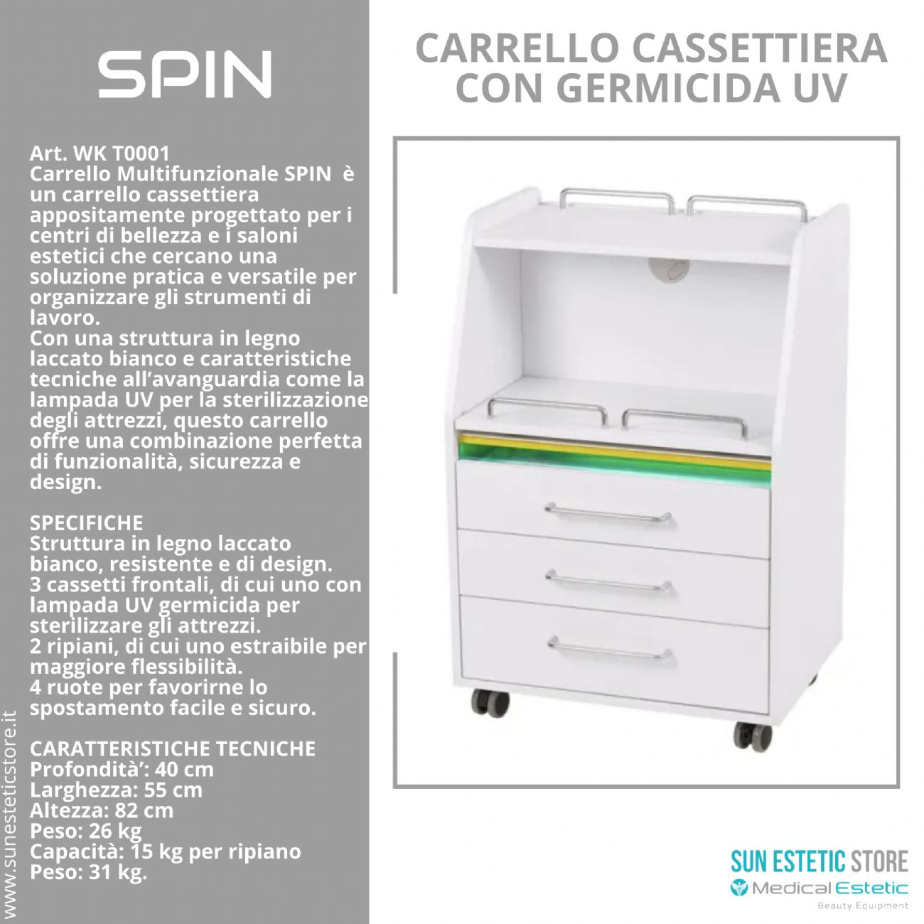 Spin carrello multifunzionale porta apparecchiature con germicida UV
