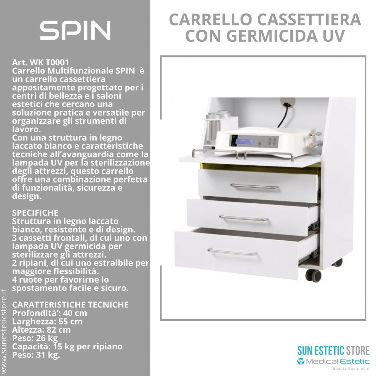 Spin carrello multifunzionale porta apparecchiature con germicida UV