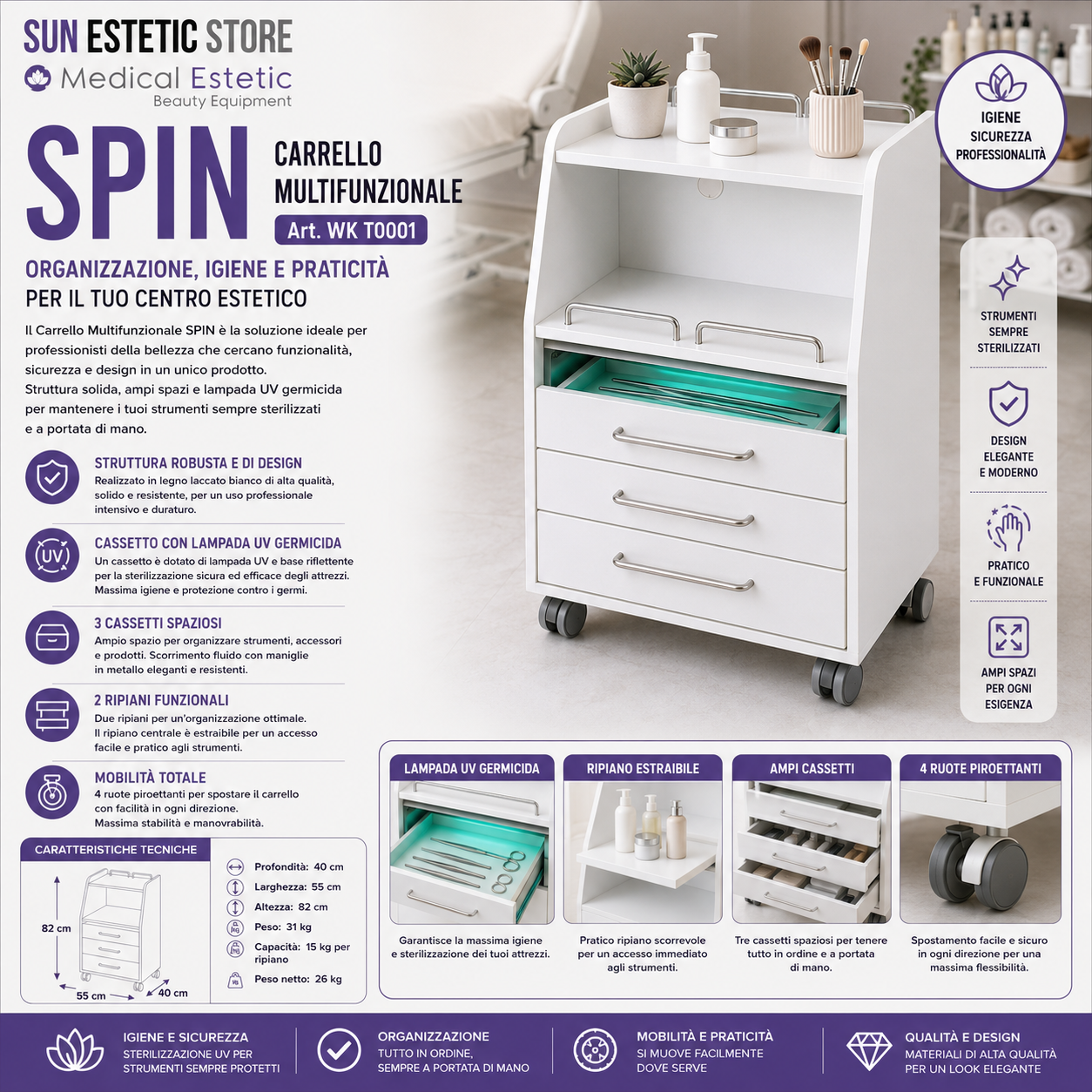 Spin carrello multifunzionale porta apparecchiature con germicida UV