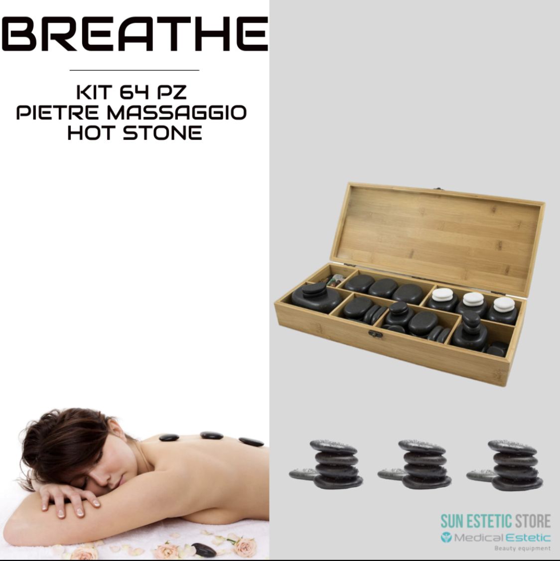 Kit 64 Pietre basalto Hot Stone Therapy massaggio pietre laviche centri estetici