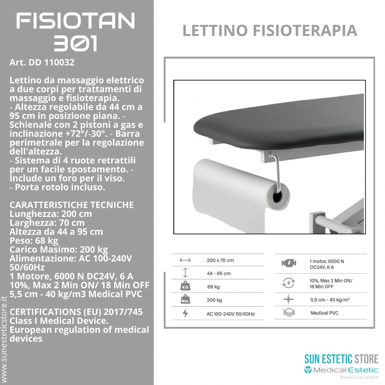 Fisiotan 301 lettino fisioterapia 2 sezioni 1 motore perimetrale