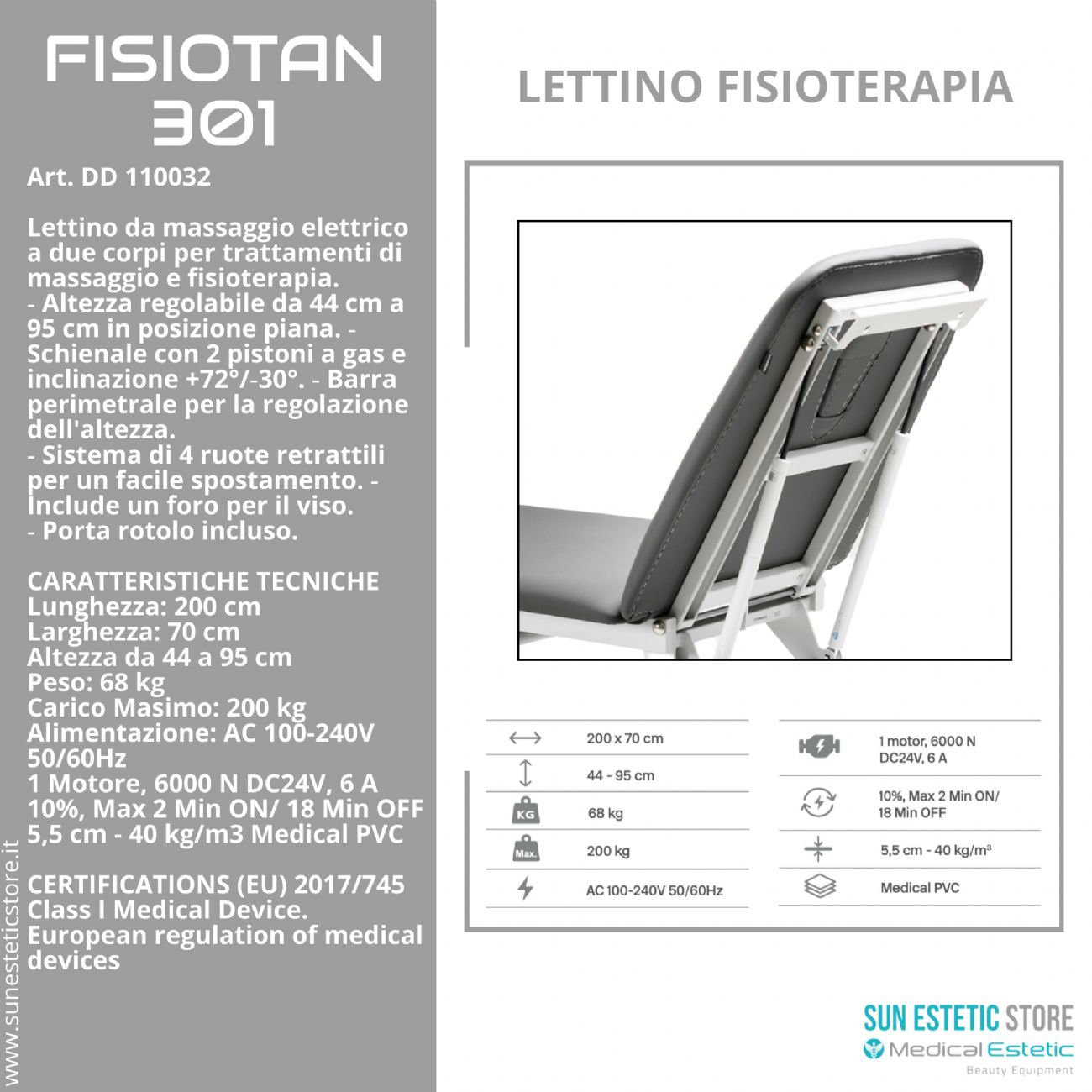 Fisiotan 301 lettino fisioterapia 2 sezioni 1 motore perimetrale