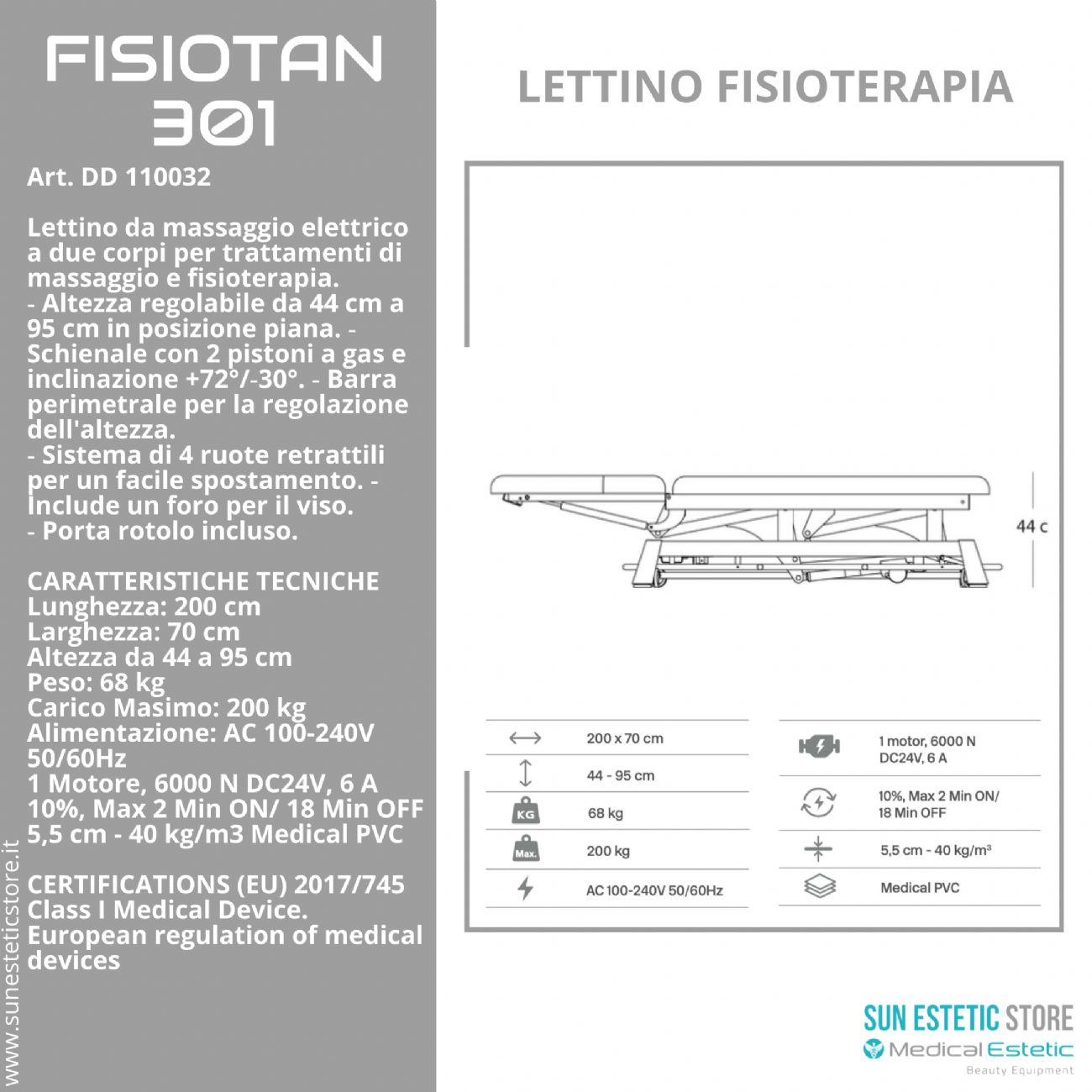 Fisiotan 301 lettino fisioterapia 2 sezioni 1 motore perimetrale