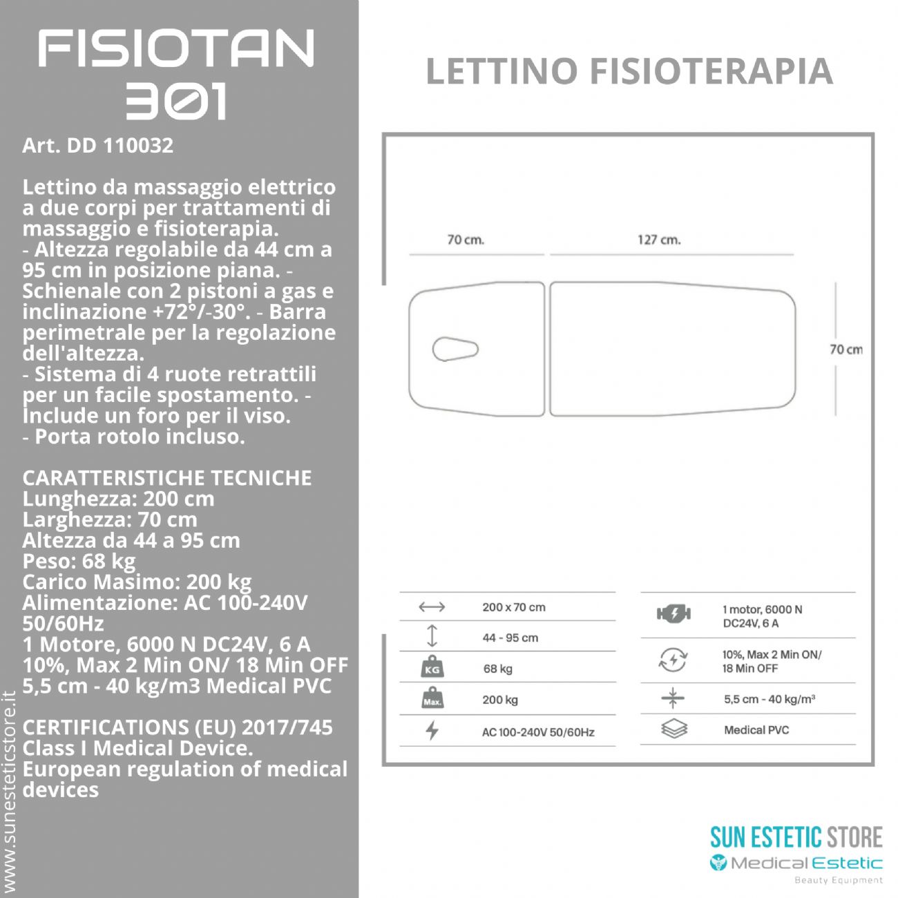 Fisiotan 301 lettino fisioterapia 2 sezioni 1 motore perimetrale