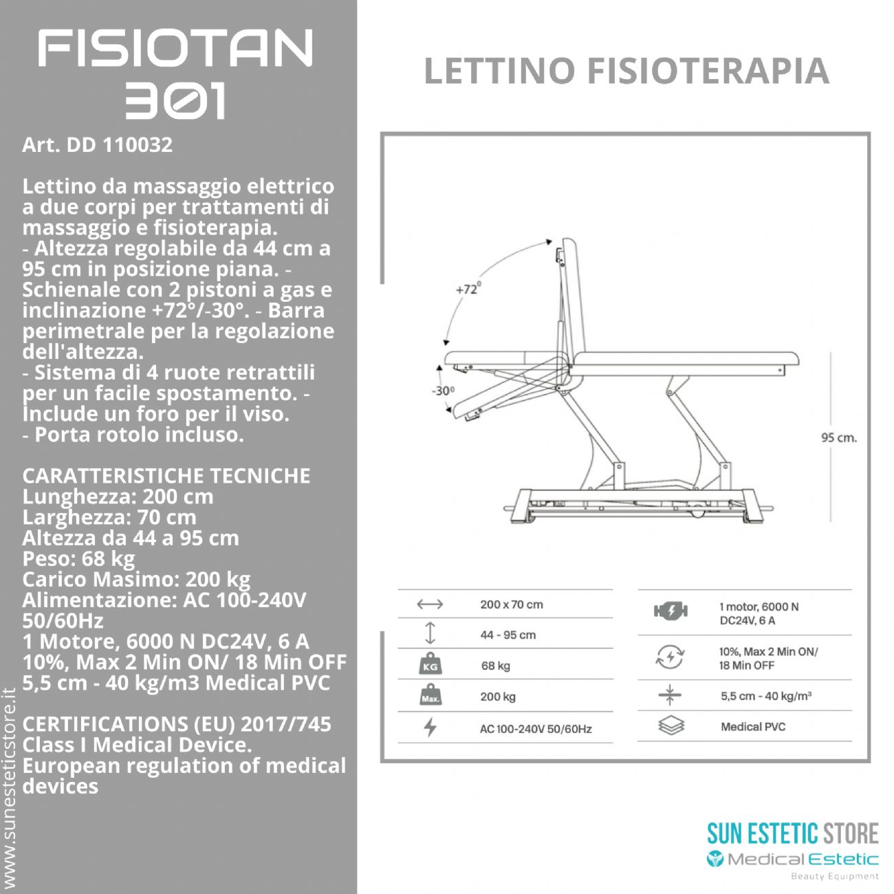 Fisiotan 301 lettino fisioterapia 2 sezioni 1 motore perimetrale