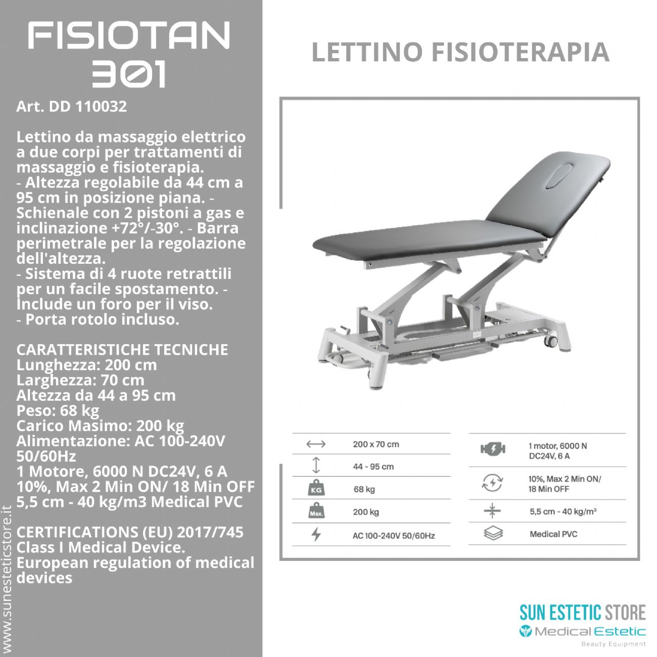Fisiotan 301 lettino fisioterapia 2 sezioni 1 motore perimetrale