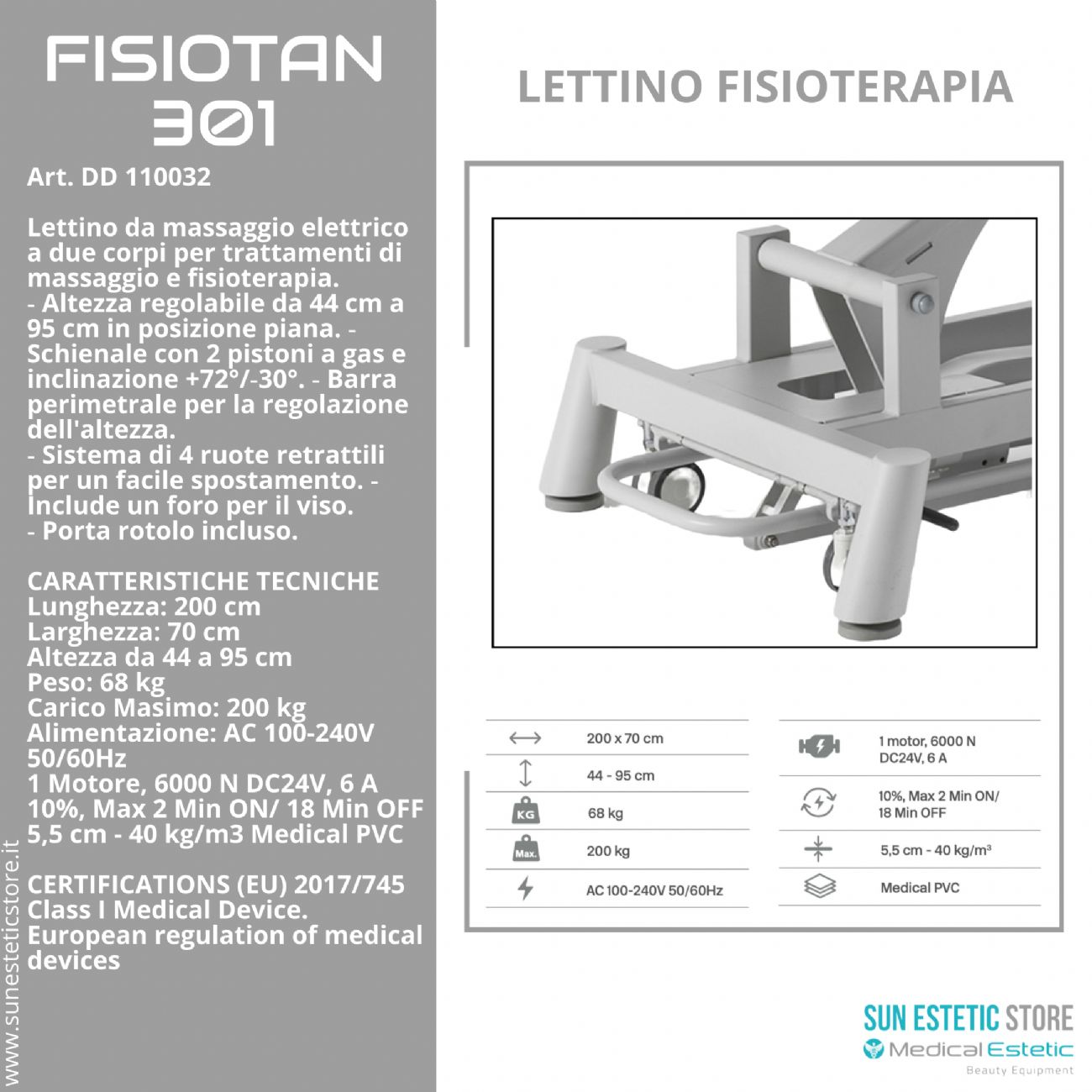 Fisiotan 301 lettino fisioterapia 2 sezioni 1 motore perimetrale