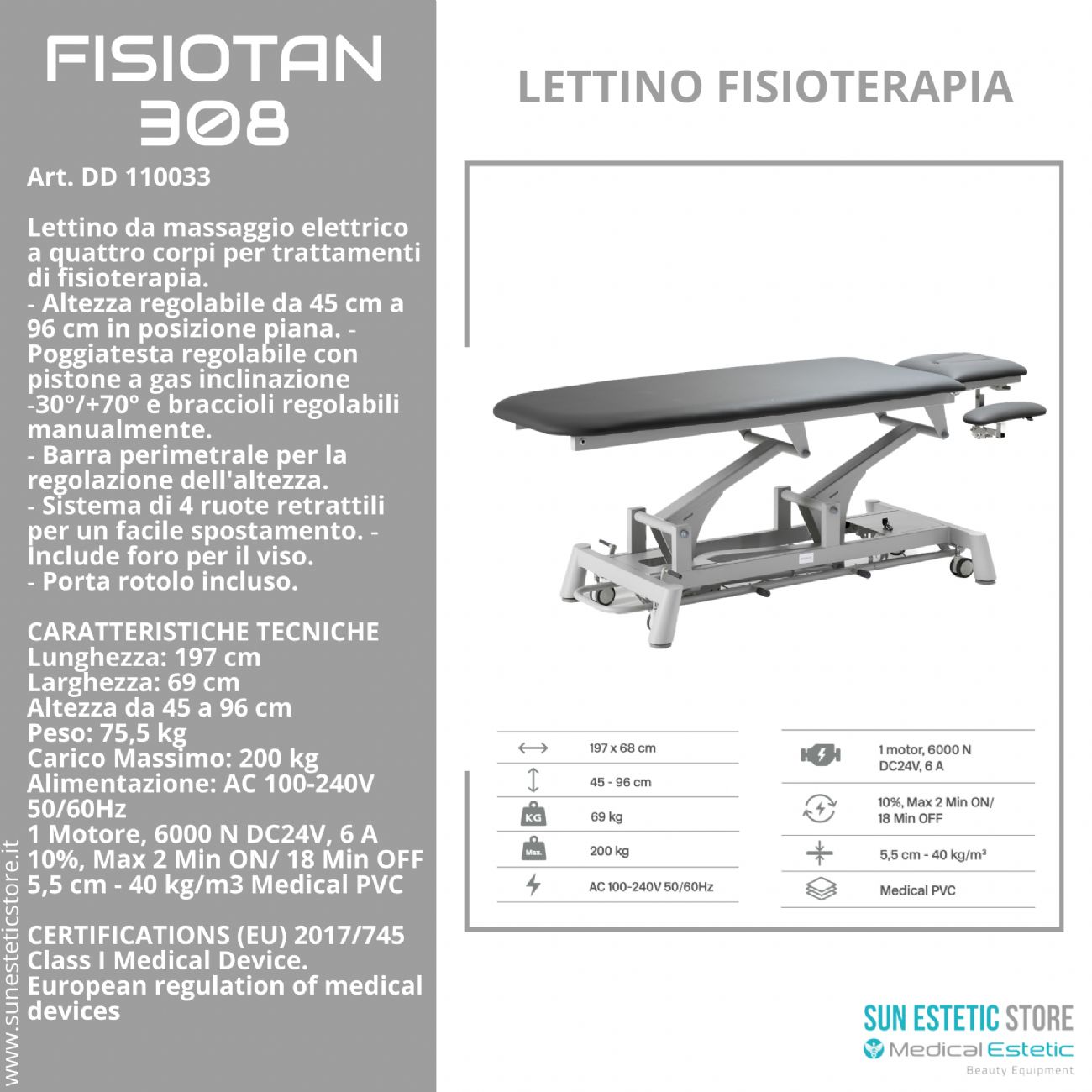 Fisiotan 308 lettino fisioterapia 1 motore perimetrale