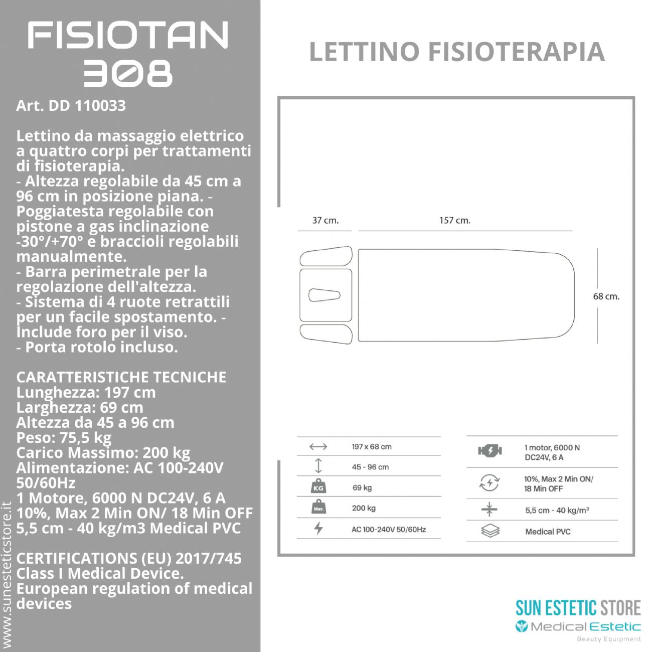 Fisiotan 308 lettino fisioterapia 1 motore perimetrale