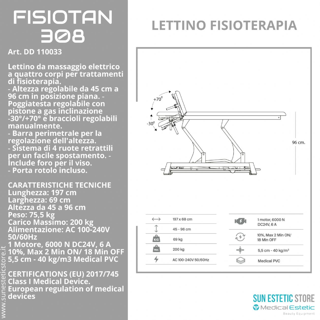 Fisiotan 308 lettino fisioterapia 1 motore perimetrale