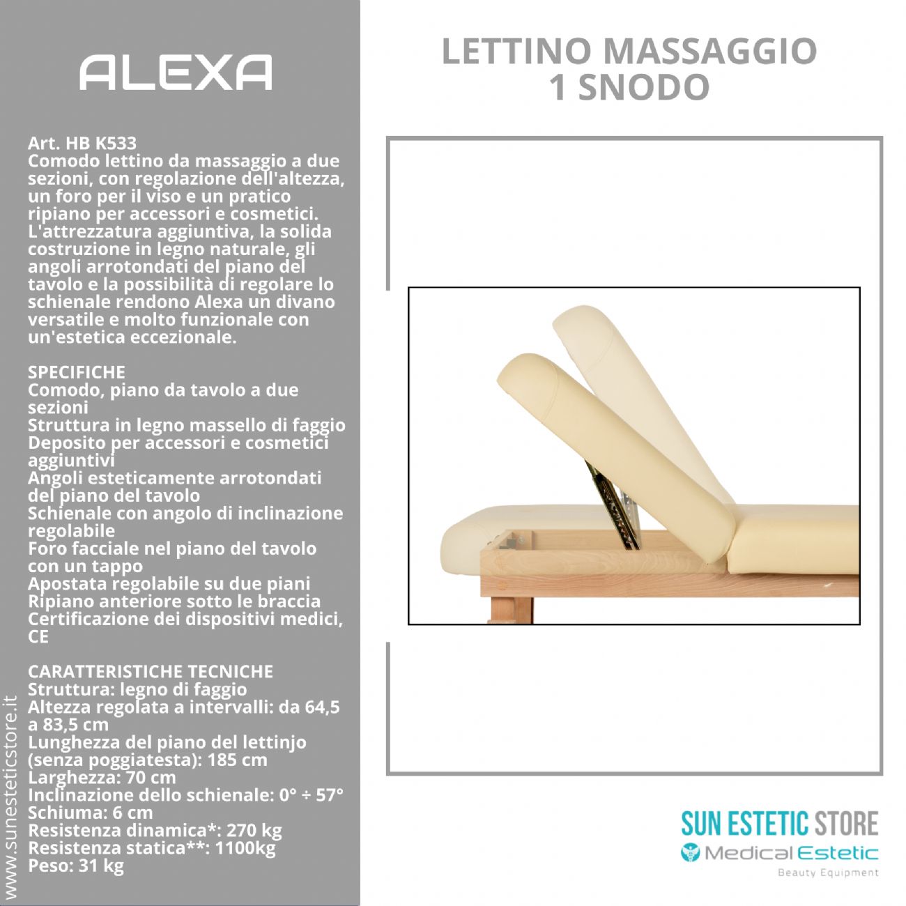 Alexa lettino massaggio in legno 2 sezioni regolabile