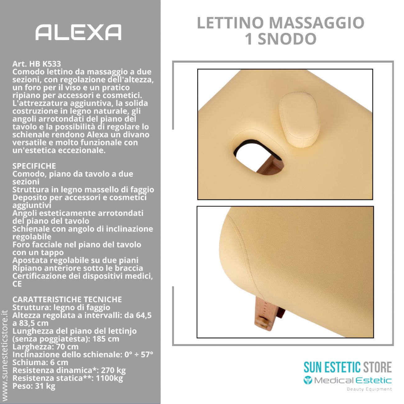 Alexa lettino massaggio in legno 2 sezioni regolabile
