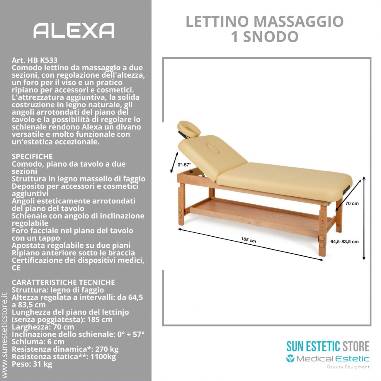 Alexa lettino massaggio in legno 2 sezioni regolabile