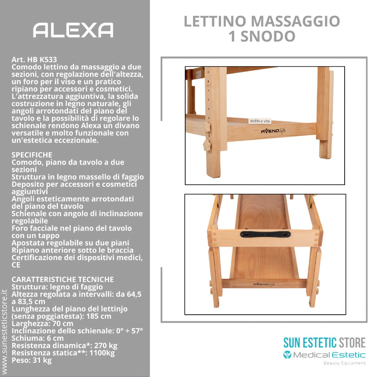 Alexa lettino massaggio in legno 2 sezioni regolabile
