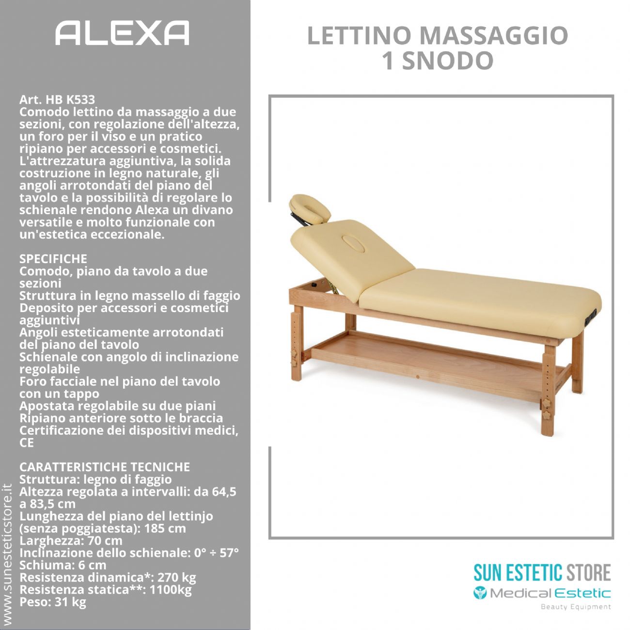 Alexa lettino massaggio in legno 2 sezioni regolabile