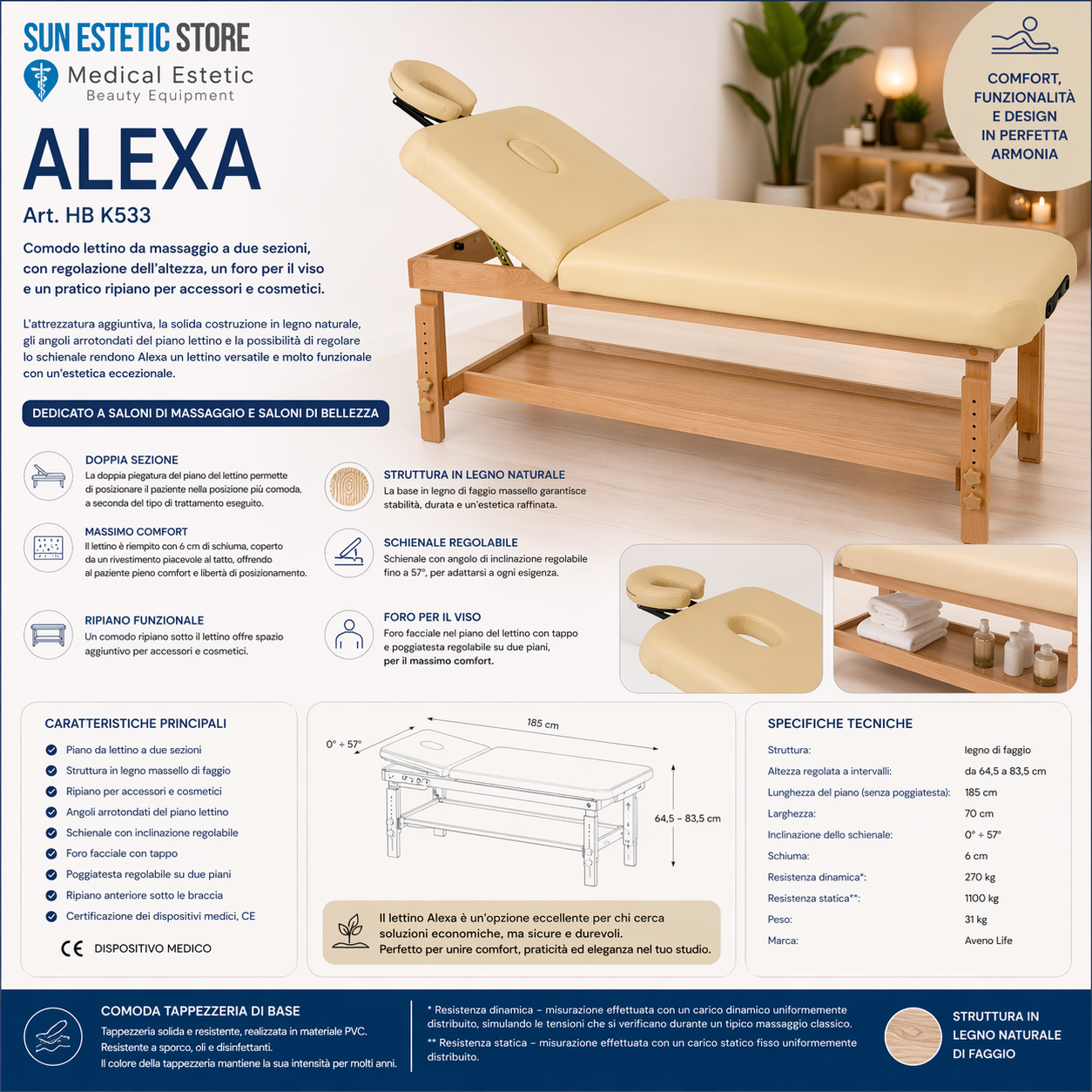 Alexa lettino massaggio in legno 2 sezioni regolabile