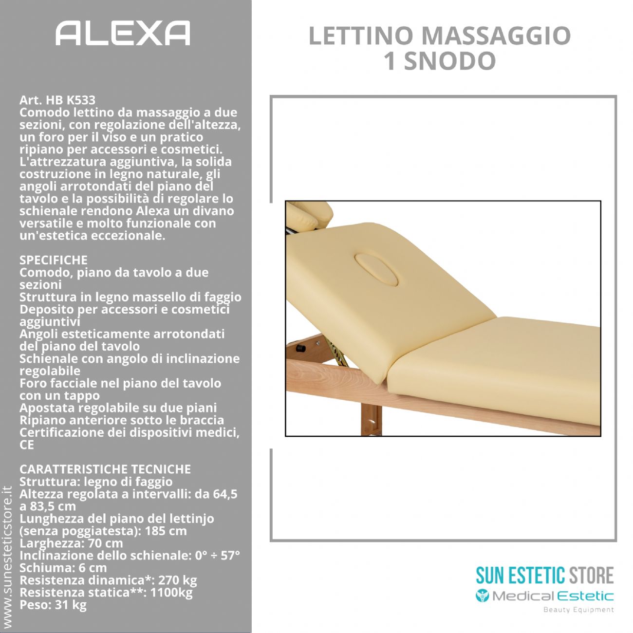 Alexa lettino massaggio in legno 2 sezioni regolabile
