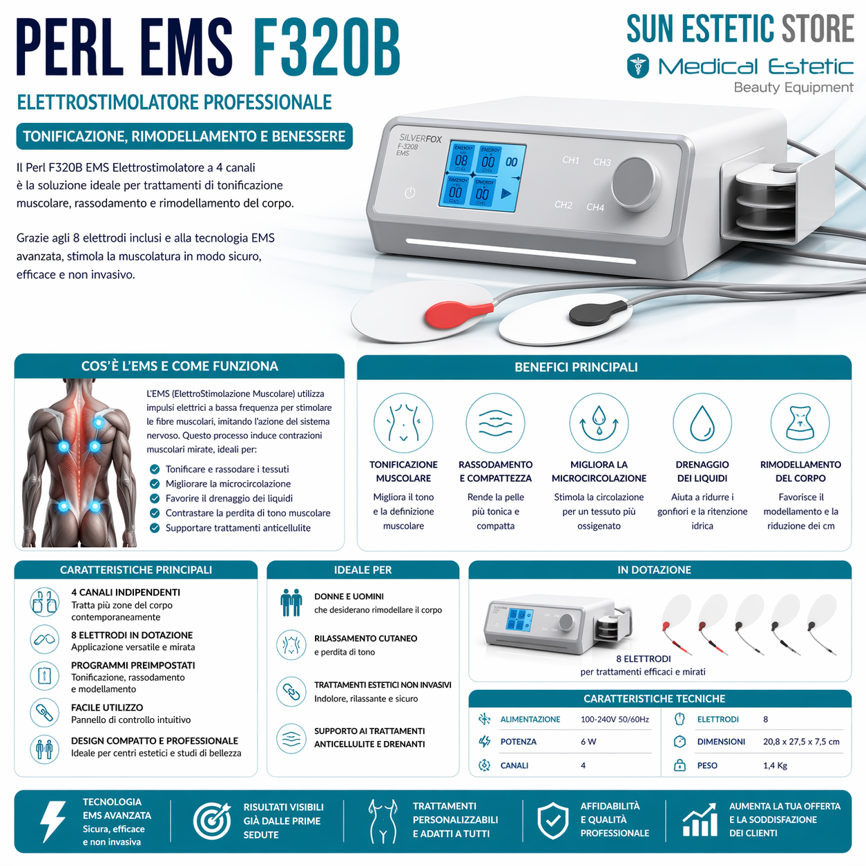 Perl F320B EMS Elettrostimolatore estetica 4 canali