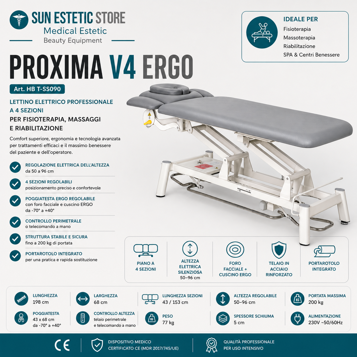Proxima V4 lettino fisioterapia 4 sezioni 2 motori con perimetrale