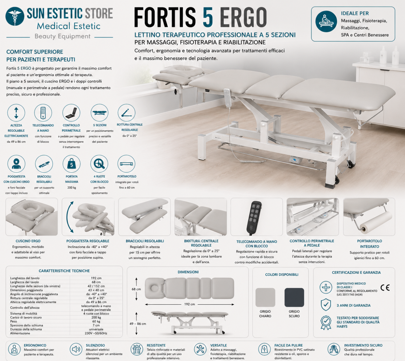 Fortis 5 Ergo lettino fisioterapia 5 sezioni 2 motori con comando perimetrale