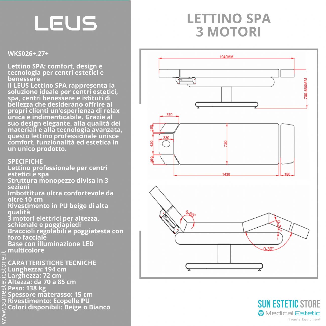 Leus lettino massaggio Spa 3 motori riscaldato
