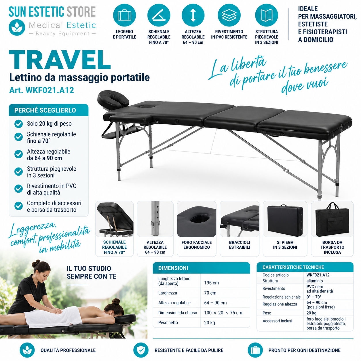 Travel lettino da massaggio portatile in alluminio 1 snodo
