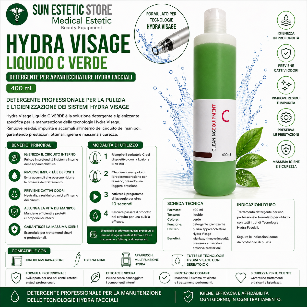 Hydra Visage Liquido C per pulizia apparecchiature hydrafacciali - Verde