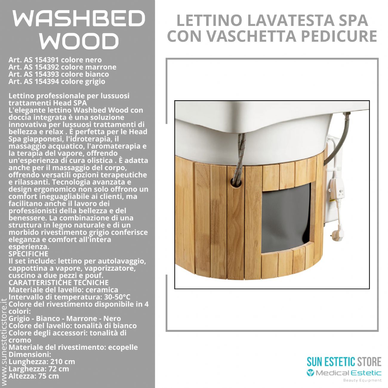 Washbed Wood lettino lavaggio spa con vapore e pedicure