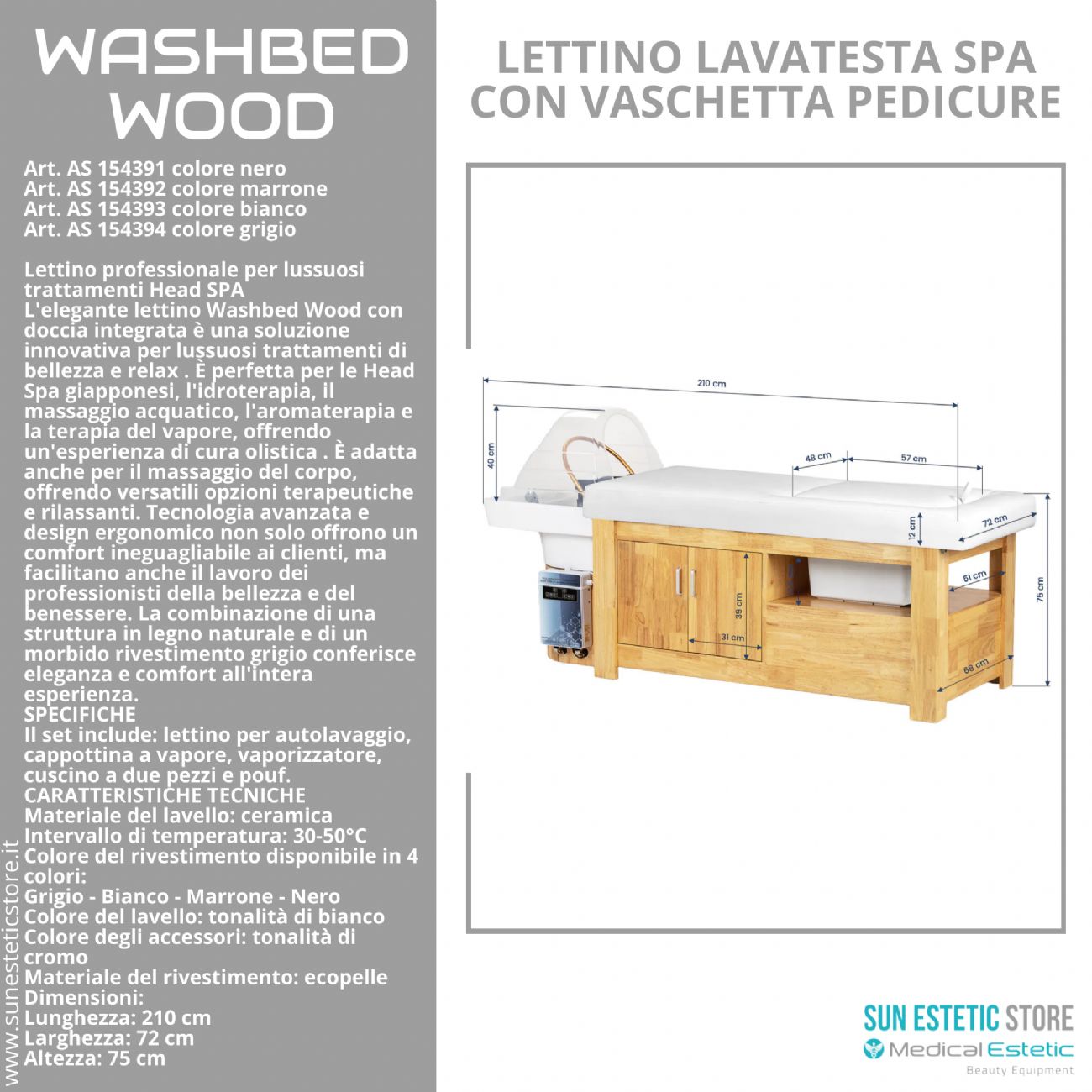 Washbed Wood lettino lavaggio spa con vapore e pedicure