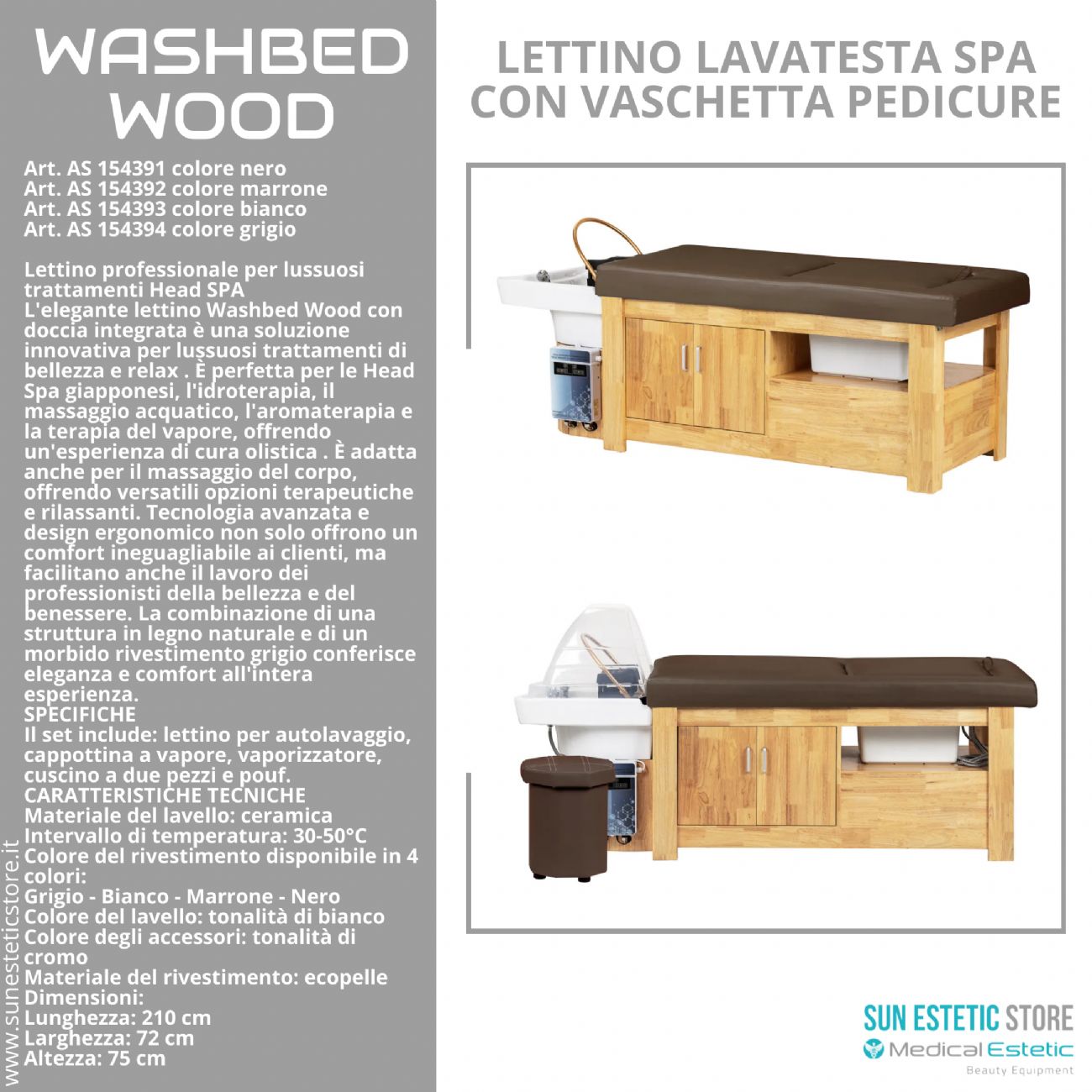 Washbed Wood lettino lavaggio spa con vapore e pedicure