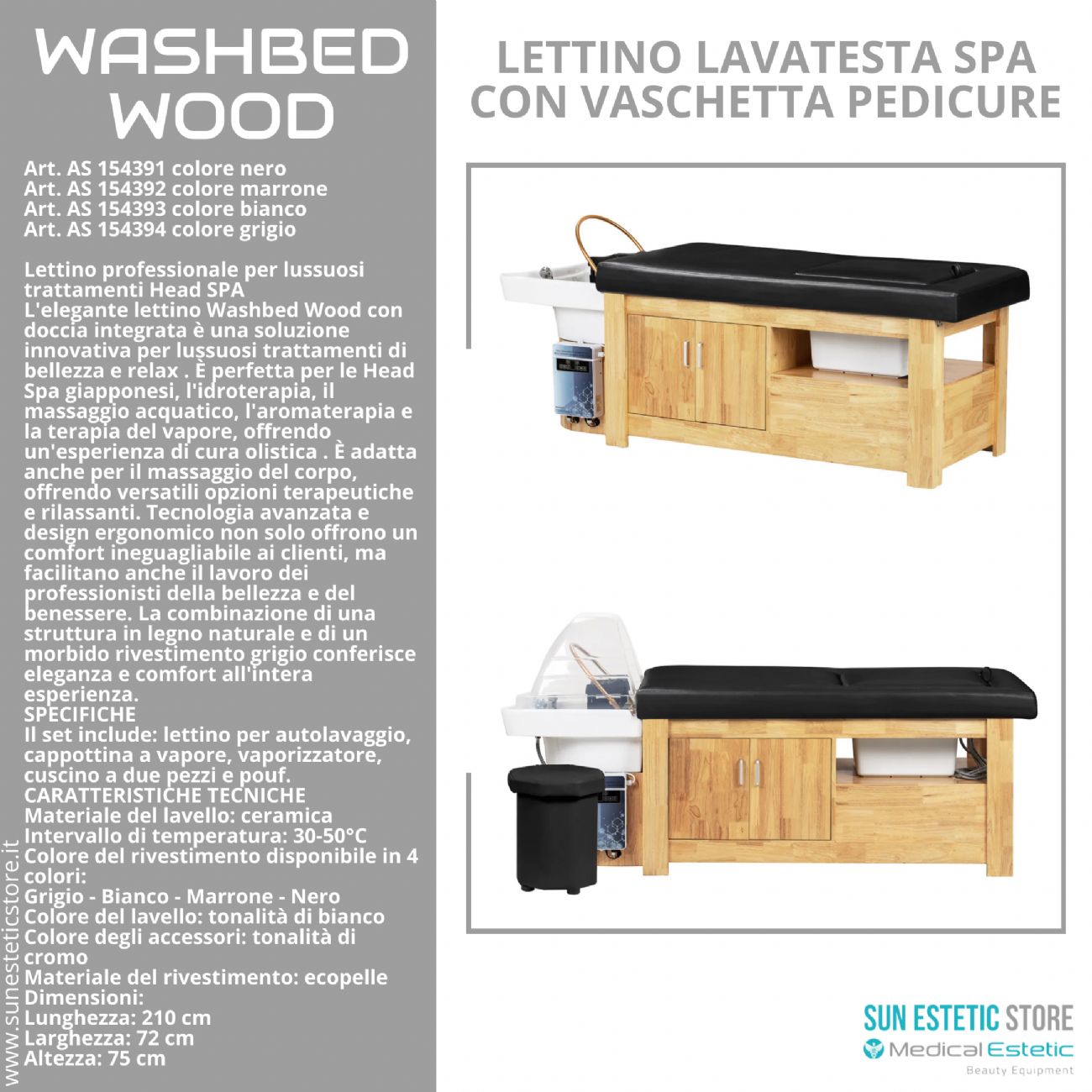 Washbed Wood lettino lavaggio spa con vapore e pedicure